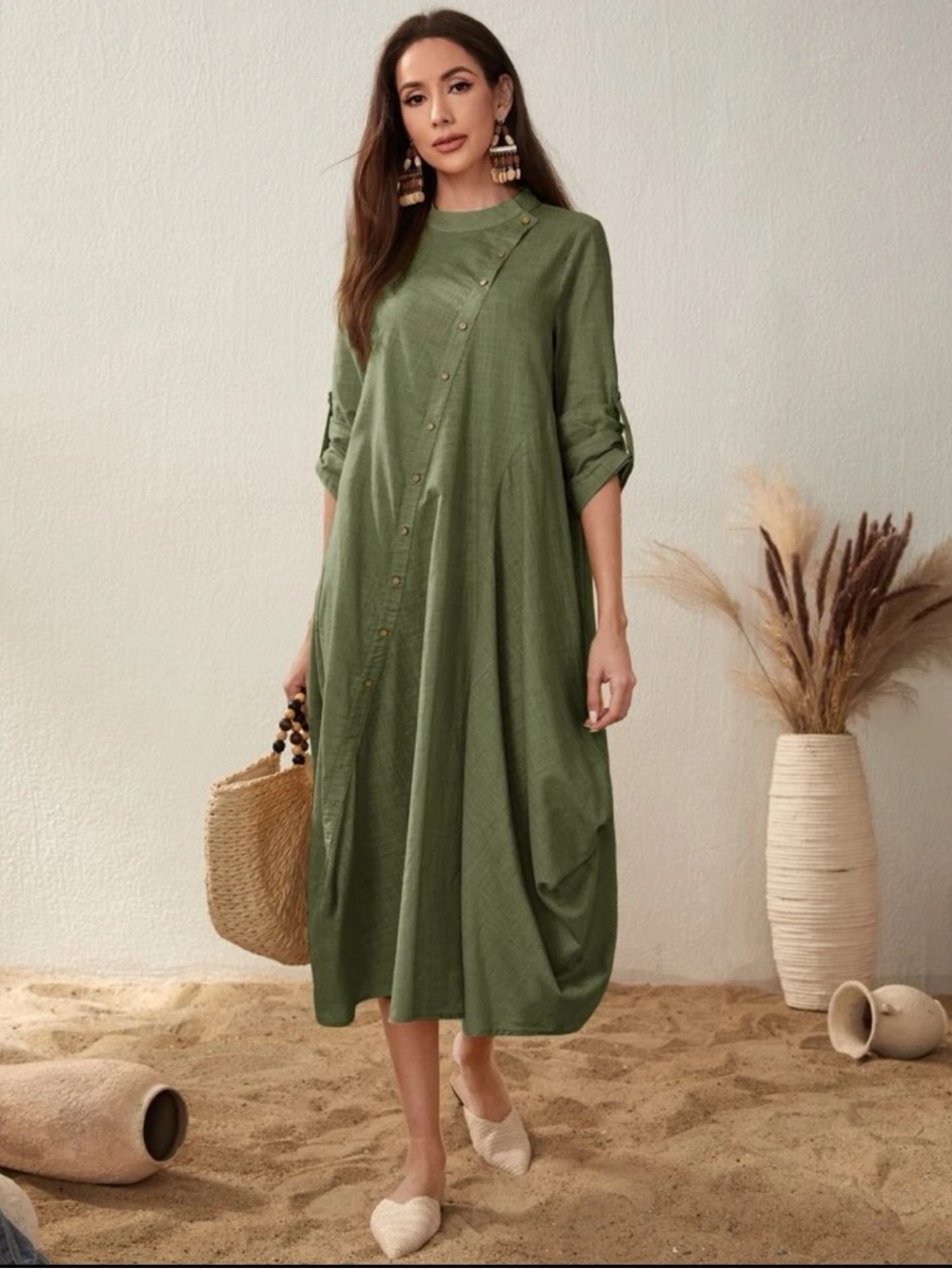 Indowestern Draped Asymmetric Diagonal Button Up Loose Modest Summer Midi Dress